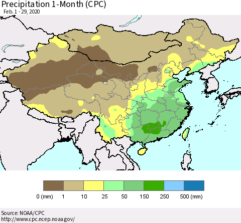 China, Mongolia and Taiwan Precipitation 1-Month (CPC) Thematic Map For 2/1/2020 - 2/29/2020