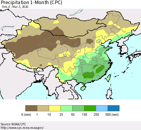 China, Mongolia and Taiwan Precipitation 1-Month (CPC) Thematic Map For 2/6/2020 - 3/5/2020