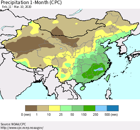 China, Mongolia and Taiwan Precipitation 1-Month (CPC) Thematic Map For 2/11/2020 - 3/10/2020
