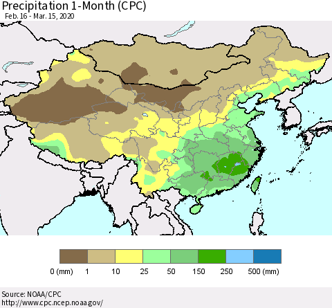 China, Mongolia and Taiwan Precipitation 1-Month (CPC) Thematic Map For 2/16/2020 - 3/15/2020