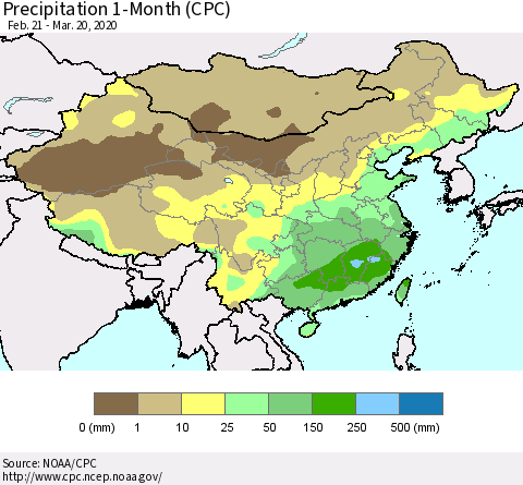 China, Mongolia and Taiwan Precipitation 1-Month (CPC) Thematic Map For 2/21/2020 - 3/20/2020
