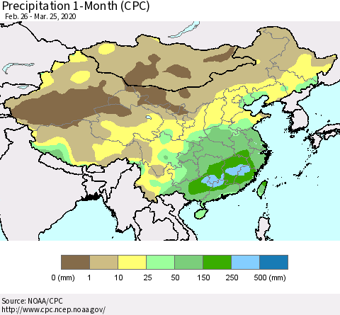 China, Mongolia and Taiwan Precipitation 1-Month (CPC) Thematic Map For 2/26/2020 - 3/25/2020