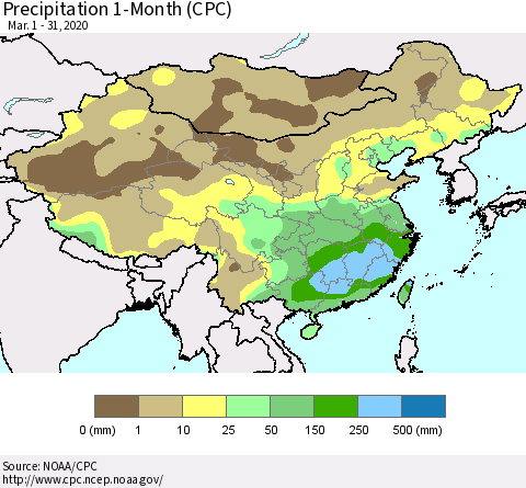 China, Mongolia and Taiwan Precipitation 1-Month (CPC) Thematic Map For 3/1/2020 - 3/31/2020