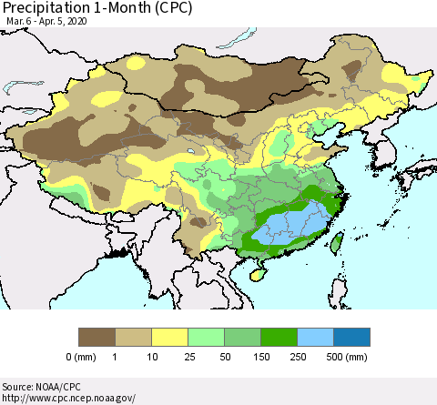 China, Mongolia and Taiwan Precipitation 1-Month (CPC) Thematic Map For 3/6/2020 - 4/5/2020