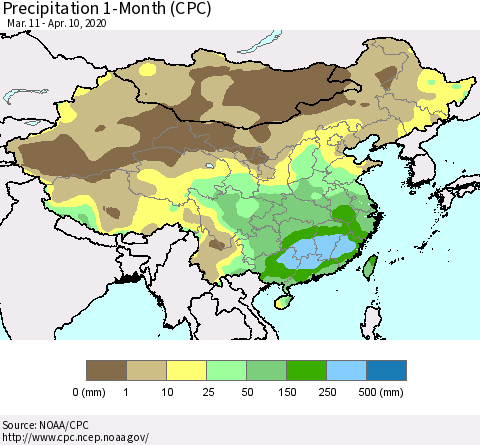 China, Mongolia and Taiwan Precipitation 1-Month (CPC) Thematic Map For 3/11/2020 - 4/10/2020