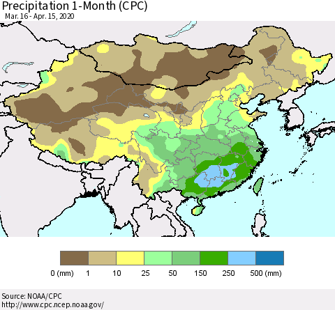 China, Mongolia and Taiwan Precipitation 1-Month (CPC) Thematic Map For 3/16/2020 - 4/15/2020