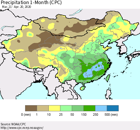 China, Mongolia and Taiwan Precipitation 1-Month (CPC) Thematic Map For 3/21/2020 - 4/20/2020
