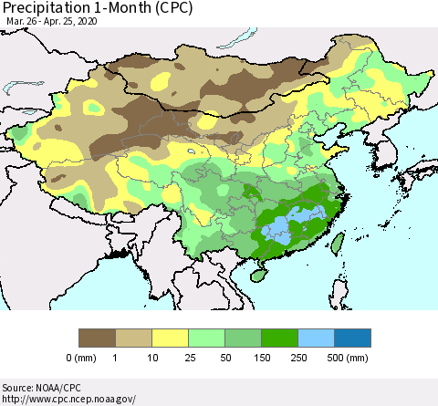 China, Mongolia and Taiwan Precipitation 1-Month (CPC) Thematic Map For 3/26/2020 - 4/25/2020