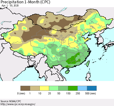 China, Mongolia and Taiwan Precipitation 1-Month (CPC) Thematic Map For 4/1/2020 - 4/30/2020