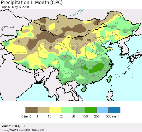 China, Mongolia and Taiwan Precipitation 1-Month (CPC) Thematic Map For 4/6/2020 - 5/5/2020
