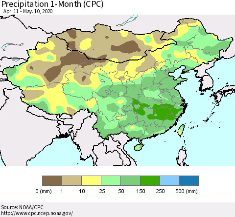 China, Mongolia and Taiwan Precipitation 1-Month (CPC) Thematic Map For 4/11/2020 - 5/10/2020