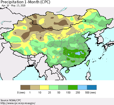 China, Mongolia and Taiwan Precipitation 1-Month (CPC) Thematic Map For 4/16/2020 - 5/15/2020