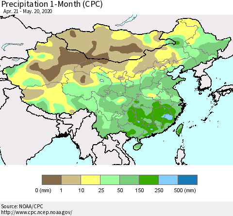 China, Mongolia and Taiwan Precipitation 1-Month (CPC) Thematic Map For 4/21/2020 - 5/20/2020