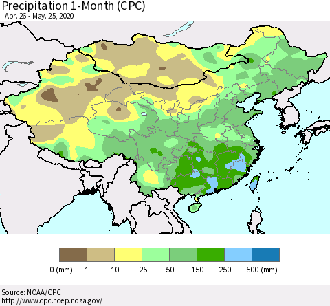 China, Mongolia and Taiwan Precipitation 1-Month (CPC) Thematic Map For 4/26/2020 - 5/25/2020