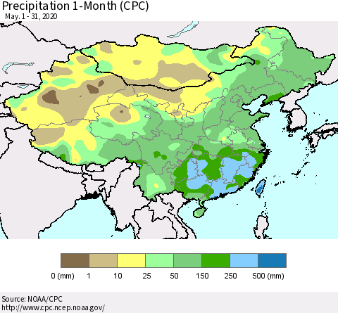 China, Mongolia and Taiwan Precipitation 1-Month (CPC) Thematic Map For 5/1/2020 - 5/31/2020