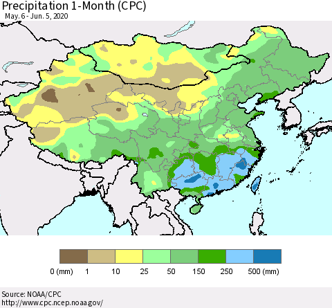 China, Mongolia and Taiwan Precipitation 1-Month (CPC) Thematic Map For 5/6/2020 - 6/5/2020