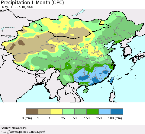 China, Mongolia and Taiwan Precipitation 1-Month (CPC) Thematic Map For 5/11/2020 - 6/10/2020
