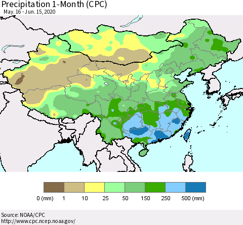 China, Mongolia and Taiwan Precipitation 1-Month (CPC) Thematic Map For 5/16/2020 - 6/15/2020