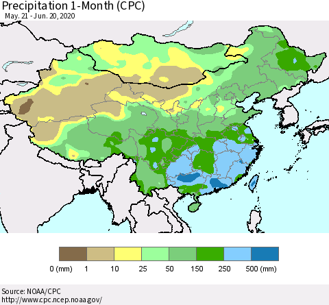 China, Mongolia and Taiwan Precipitation 1-Month (CPC) Thematic Map For 5/21/2020 - 6/20/2020