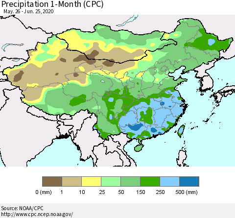 China, Mongolia and Taiwan Precipitation 1-Month (CPC) Thematic Map For 5/26/2020 - 6/25/2020