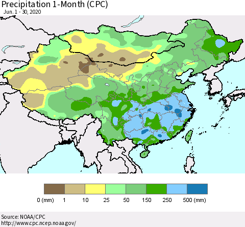 China, Mongolia and Taiwan Precipitation 1-Month (CPC) Thematic Map For 6/1/2020 - 6/30/2020