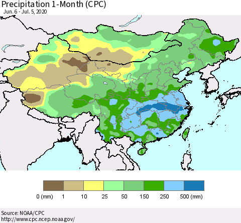 China, Mongolia and Taiwan Precipitation 1-Month (CPC) Thematic Map For 6/6/2020 - 7/5/2020