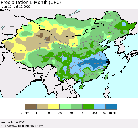 China, Mongolia and Taiwan Precipitation 1-Month (CPC) Thematic Map For 6/11/2020 - 7/10/2020