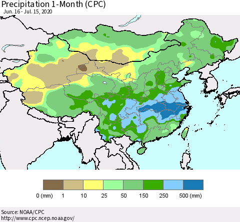 China, Mongolia and Taiwan Precipitation 1-Month (CPC) Thematic Map For 6/16/2020 - 7/15/2020