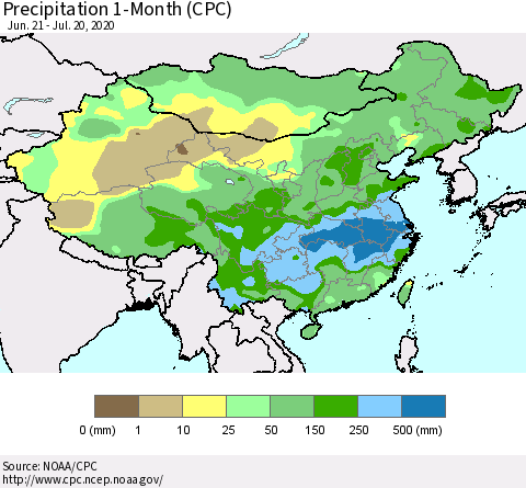 China, Mongolia and Taiwan Precipitation 1-Month (CPC) Thematic Map For 6/21/2020 - 7/20/2020