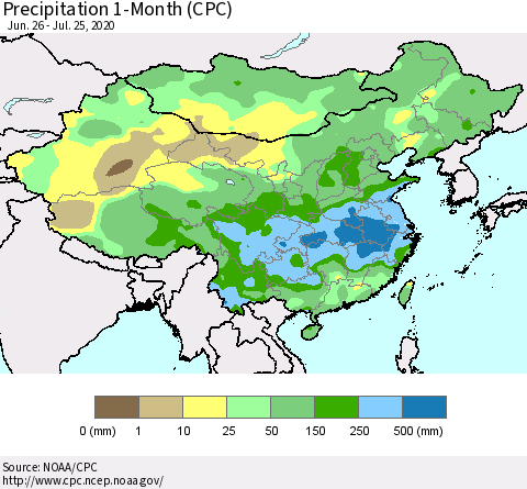 China, Mongolia and Taiwan Precipitation 1-Month (CPC) Thematic Map For 6/26/2020 - 7/25/2020