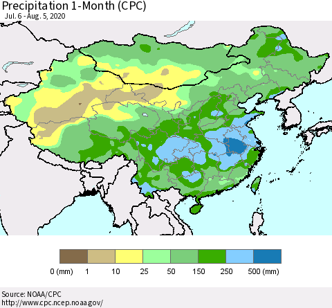 China, Mongolia and Taiwan Precipitation 1-Month (CPC) Thematic Map For 7/6/2020 - 8/5/2020