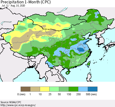 China, Mongolia and Taiwan Precipitation 1-Month (CPC) Thematic Map For 7/11/2020 - 8/10/2020