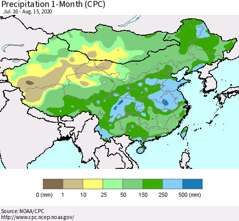 China, Mongolia and Taiwan Precipitation 1-Month (CPC) Thematic Map For 7/16/2020 - 8/15/2020