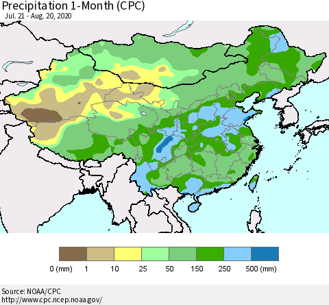 China, Mongolia and Taiwan Precipitation 1-Month (CPC) Thematic Map For 7/21/2020 - 8/20/2020