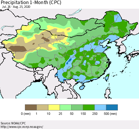 China, Mongolia and Taiwan Precipitation 1-Month (CPC) Thematic Map For 7/26/2020 - 8/25/2020