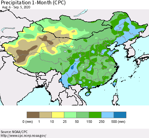 China, Mongolia and Taiwan Precipitation 1-Month (CPC) Thematic Map For 8/6/2020 - 9/5/2020