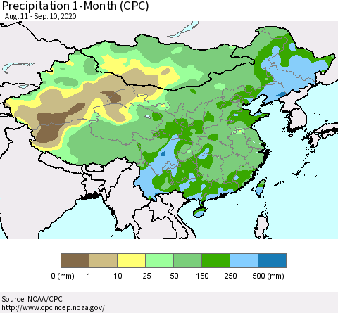 China, Mongolia and Taiwan Precipitation 1-Month (CPC) Thematic Map For 8/11/2020 - 9/10/2020