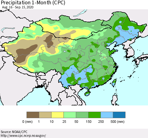 China, Mongolia and Taiwan Precipitation 1-Month (CPC) Thematic Map For 8/16/2020 - 9/15/2020