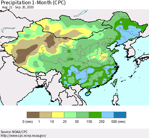 China, Mongolia and Taiwan Precipitation 1-Month (CPC) Thematic Map For 8/21/2020 - 9/20/2020