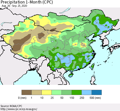 China, Mongolia and Taiwan Precipitation 1-Month (CPC) Thematic Map For 8/26/2020 - 9/25/2020