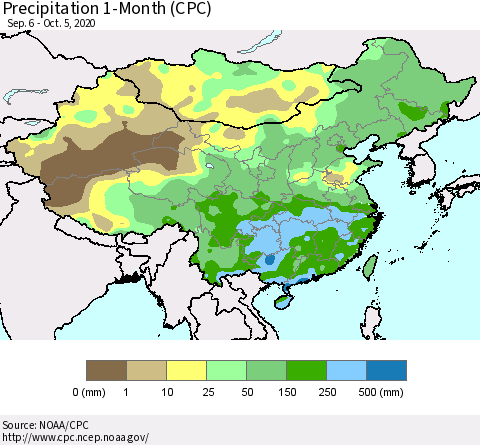 China, Mongolia and Taiwan Precipitation 1-Month (CPC) Thematic Map For 9/6/2020 - 10/5/2020