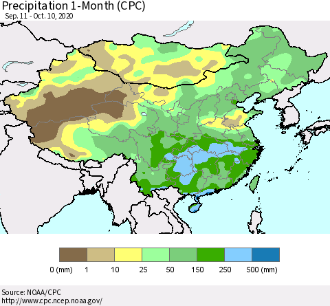 China, Mongolia and Taiwan Precipitation 1-Month (CPC) Thematic Map For 9/11/2020 - 10/10/2020
