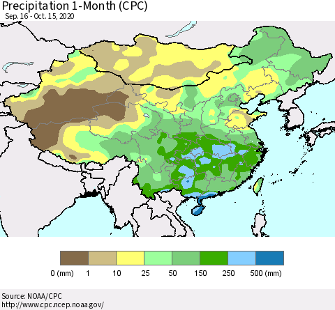 China, Mongolia and Taiwan Precipitation 1-Month (CPC) Thematic Map For 9/16/2020 - 10/15/2020