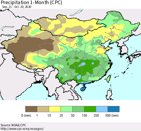 China, Mongolia and Taiwan Precipitation 1-Month (CPC) Thematic Map For 9/21/2020 - 10/20/2020