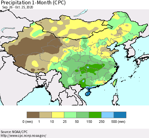 China, Mongolia and Taiwan Precipitation 1-Month (CPC) Thematic Map For 9/26/2020 - 10/25/2020