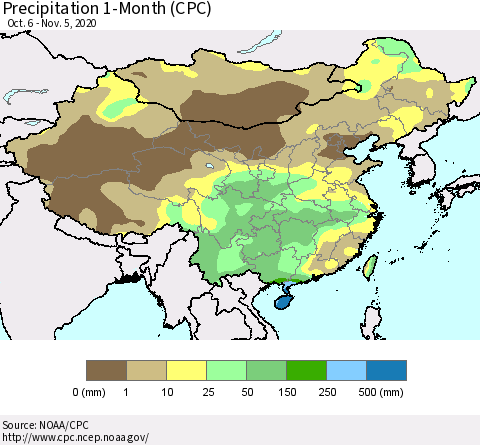 China, Mongolia and Taiwan Precipitation 1-Month (CPC) Thematic Map For 10/6/2020 - 11/5/2020