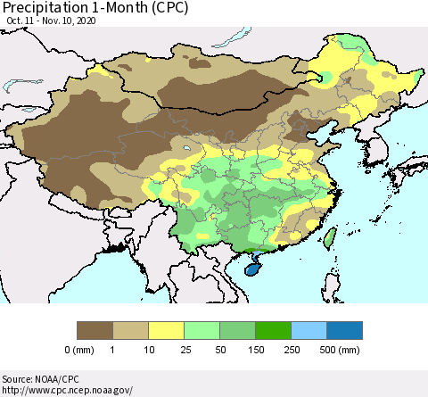 China, Mongolia and Taiwan Precipitation 1-Month (CPC) Thematic Map For 10/11/2020 - 11/10/2020