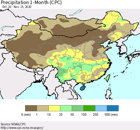 China, Mongolia and Taiwan Precipitation 1-Month (CPC) Thematic Map For 10/16/2020 - 11/15/2020
