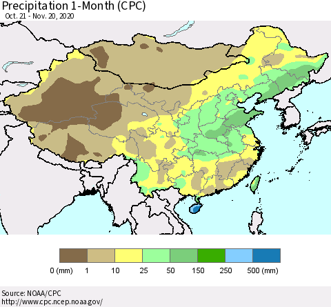 China, Mongolia and Taiwan Precipitation 1-Month (CPC) Thematic Map For 10/21/2020 - 11/20/2020