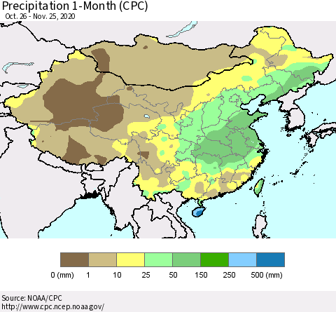 China, Mongolia and Taiwan Precipitation 1-Month (CPC) Thematic Map For 10/26/2020 - 11/25/2020